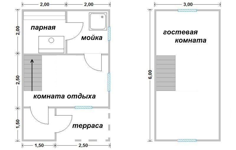 Проект бани с туалетом и комнатой отдыха 6х4